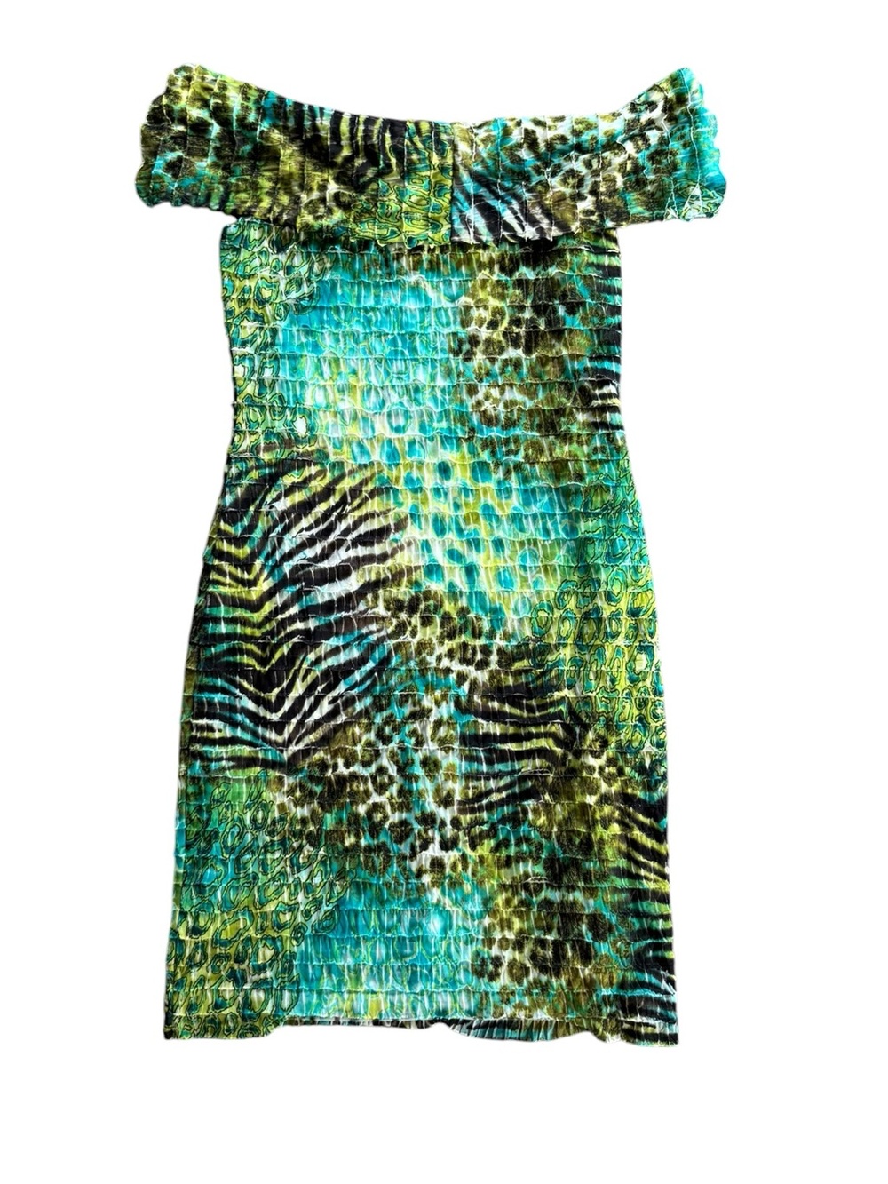Joseph Ribkoff Animal Print Smocked Off-Shoulder Wedding Guest Dress Size 8